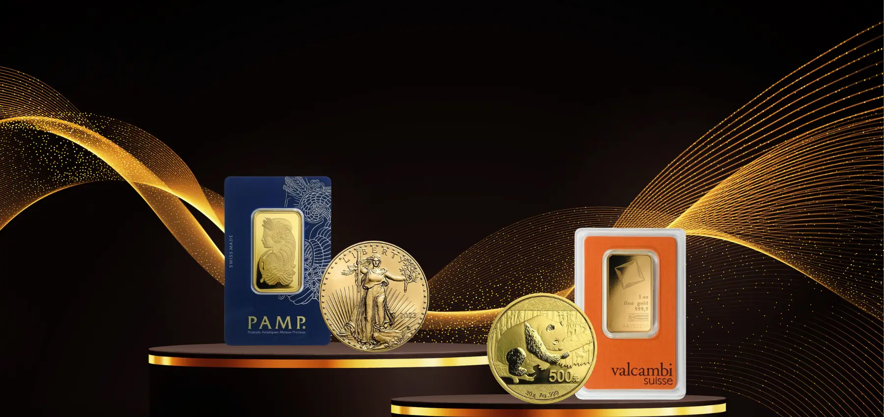 The message 'Extensive Selection of U.S. and World bullion'. Valcambi and PAMP golden bars, a gold U.S. eagle as well as a chinese gold panda coin.