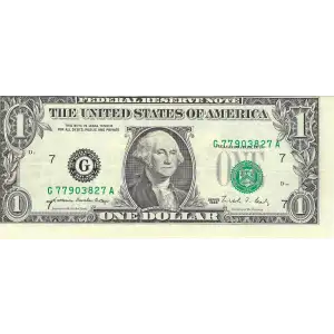 $1 1988 Green seal. Small Size $1 Federal Reserve Notes 1914-G
