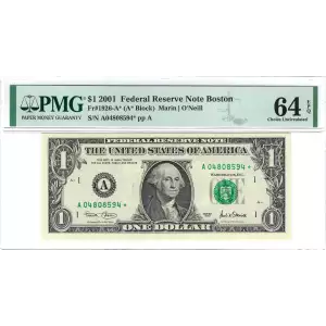 $1 2001 Green seal. Small Size $1 Federal Reserve Notes 1926-A*