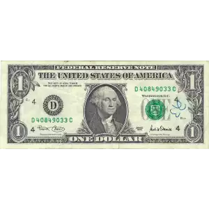 $1 2001 Green seal. Small Size $1 Federal Reserve Notes 1926-D