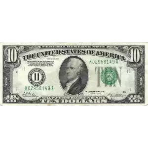 $10 1928 Green Seal Small Size $10 Federal Reserve Notes 2000-K