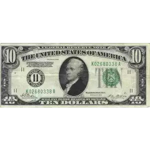 $10 1928 Green Seal Small Size $10 Federal Reserve Notes 2000-K