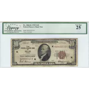 $10 1929 brown seal Small Federal Reserve Bank Notes 1860-K