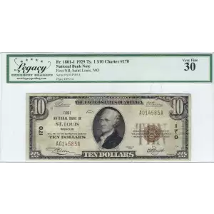 $10 1929 small brown seal. Small National Bank Notes 1801-1