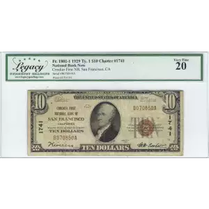 $10 1929 small brown seal. Small National Bank Notes 1801-1