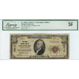 $10 1929 small brown seal. Small National Bank Notes 1801-1