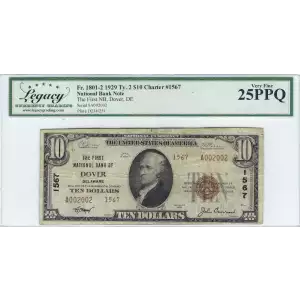 $10 1929 small brown seal. Small National Bank Notes 1801-2