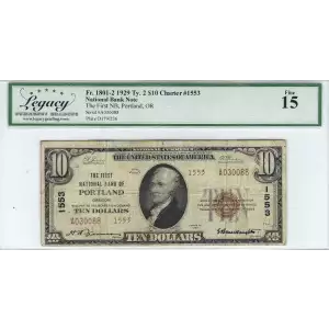 $10 1929 small brown seal. Small National Bank Notes 1801-2