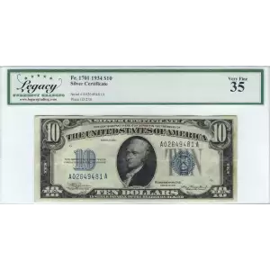 $10 1934 blue seal. Small Silver Certificates 1701