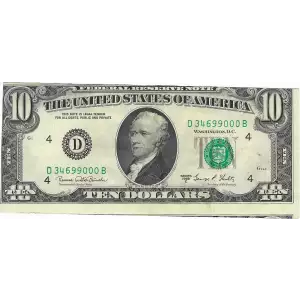 $10 1969-C. Treasury seal. Small Size $10 Federal Reserve Notes 2021-D
