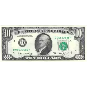 $10 1974 Treasury seal. Small Size $10 Federal Reserve Notes 2022-D*