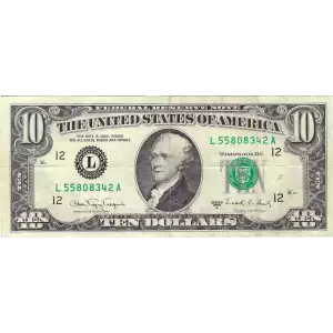 $10 1988-A. Treasury seal. Small Size $10 Federal Reserve Notes 2028-L