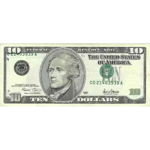 $10 2001 Treasury seal. Small Size $10 Federal Reserve Notes 2036-C