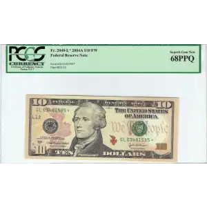$10 2004-A. Treasury seal. Small Size $10 Federal Reserve Notes 2039-L*
