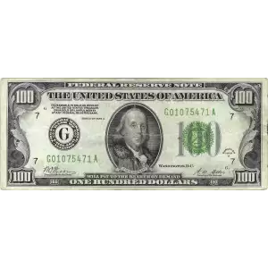 $100 1928-A.  Small Size $100 Federal Reserve Notes 2151-G