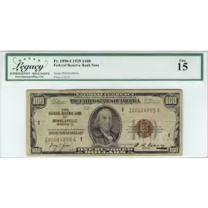 $100 1929 brown seal Small Federal Reserve Bank Notes 1890-I