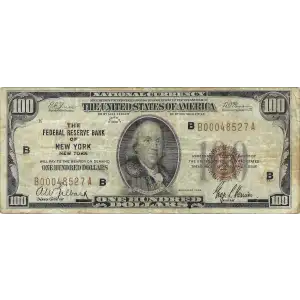 $100 1929 small brown seal. Small National Bank Notes 1804-1