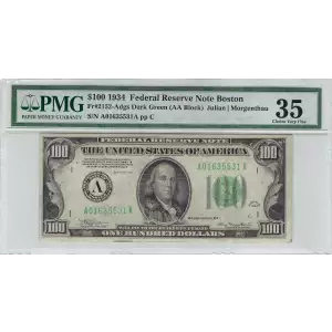 $100 1934 light Green seal. Small Size $100 Federal Reserve Notes 2152-A