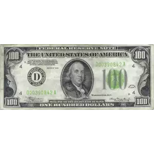 $100 1934 light Green seal. Small Size $100 Federal Reserve Notes 2152-A