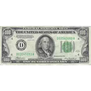 $100 1934 light Green seal. Small Size $100 Federal Reserve Notes 2152-A