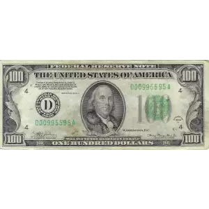 $100 1934 light Green seal. Small Size $100 Federal Reserve Notes 2152-A