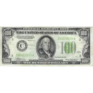 $100 1934 light Green seal. Small Size $100 Federal Reserve Notes 2152-C