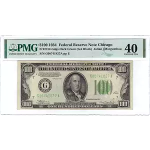$100 1934 light Green seal. Small Size $100 Federal Reserve Notes 2152-G