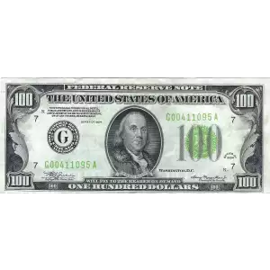 $100 1934 light Green seal. Small Size $100 Federal Reserve Notes 2152-G
