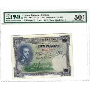 100 Pesetas 1.7.1925, 1925 Issue b. Round embossed Republic validation at upper left corner 1931 Spain 69 (2)