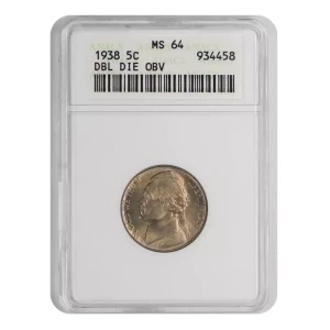 1938 Jefferson Nickel ANACS MS-64 Double Die Obverse