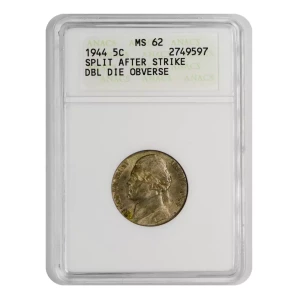 1944 Jefferson Nickel ANACS MS-62 Split after die strike (2)