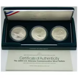 1994 U.S. Veterans Commemorative Silver Dollars 3-Coin Set Mint State