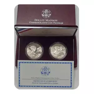 1999 Dolley Madison Commemorative Silver Dollar Set Proof and Mint State 2-Coin Set