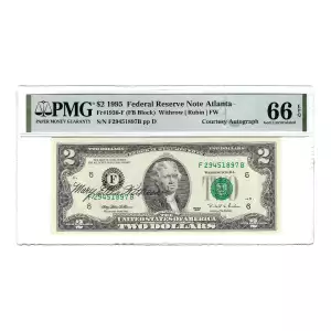 $2 1995 Small Size $2 Federal Reserve Notes 1936-F  PMG 66 Withrow Signed (3)