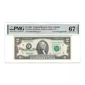 $2 1995 Small Size $2 Federal Reserve Notes 1936-F  PMG 67 Withrow Signed (3)