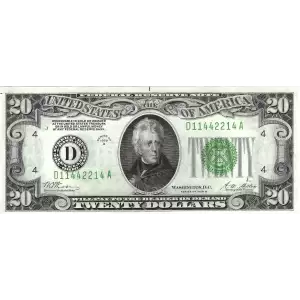 $20 1928-B. Green seal. Small Size $20 Federal Reserve Notes 2052-D