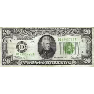 $20 1928-B. Green seal. Small Size $20 Federal Reserve Notes 2052-D
