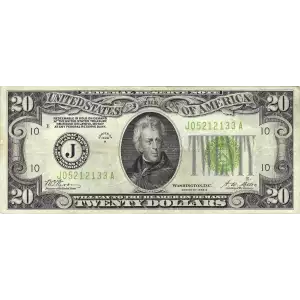 $20 1928-B. Green seal. Small Size $20 Federal Reserve Notes 2052-J