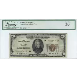 $20 1929 brown seal Small Federal Reserve Bank Notes 1870-H