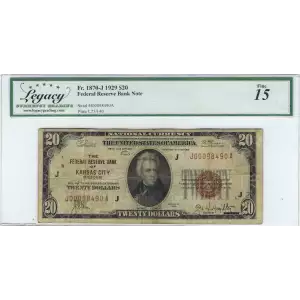 $20 1929 brown seal Small Federal Reserve Bank Notes 1870-J