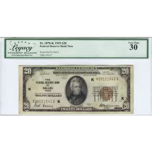 $20 1929 brown seal Small Federal Reserve Bank Notes 1870-K