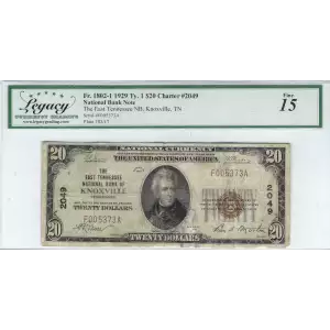 $20 1929 small brown seal. Small National Bank Notes 1802-1