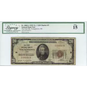 $20 1929 small brown seal. Small National Bank Notes 1802-1