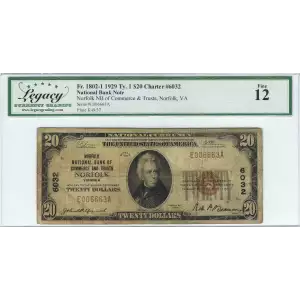 $20 1929 small brown seal. Small National Bank Notes 1802-1