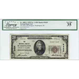 $20 1929 small brown seal. Small National Bank Notes 1802-1