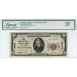$20 1929 small brown seal. Small National Bank Notes 1802-1