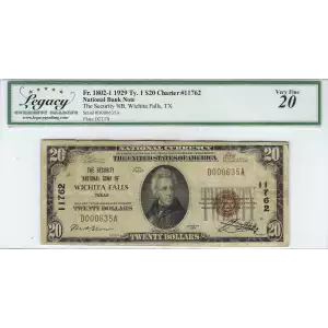 $20 1929 small brown seal. Small National Bank Notes 1802-1