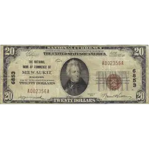 $20 1929 small brown seal. Small National Bank Notes 1802-1