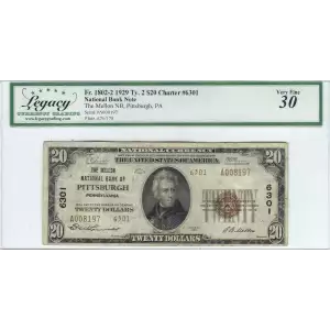 $20 1929 small brown seal. Small National Bank Notes 1802-2