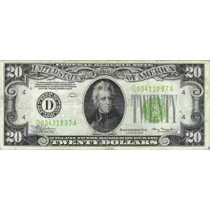 $20 1934 light Green seal. Small Size $20 Federal Reserve Notes 2054-D